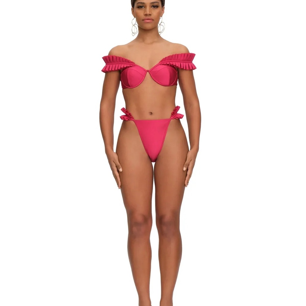 Andrea Iyamah Off-Shoulder Ruffle Bikini Set in Ruby